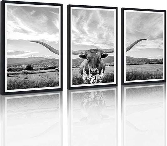 Western Cow Black Framed Canvas Wall Art Funny Highland Cow Rustic Art Poster Wall Decor Vintage Grey Animal Artwork for Country Apartment Living Room Bedroom Decor Easy to Hand 24x36inchx3pcs