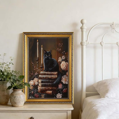 YD&YZY Gold Framed Moody Wall Art Vintage Canvas Dark Academia Victorian Black Cat Book Floral Wall Decor Gothic Aesthetics Painting Picture Print Artwork for Bedroom Bathroom 16x24 inch Framed