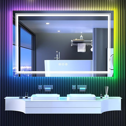 Snowdool LED Mirror for Bathroom, 55"X36" with 8 RGB Backlit +3 Front Lit (Adjustable Individually), Anti-Fog, Large Lighted Bathroom Vanity Mirror for Wall,Shatterproof,Memory Function,Tempered Glass