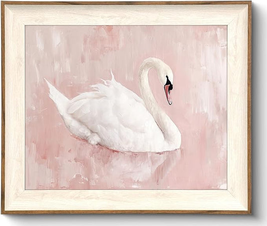 Uniro Framed Canvas Wall Art Swan Decor, Vintage Wall Art Animal Oil Painting Bathroom Wall Decor, White Swan Vintage Art Prints for Pink Room Decor, Pastel Pink Coquette Room Decor for Nursery, Bedroom, Girly R.oom D.ecor- 10x12 inches