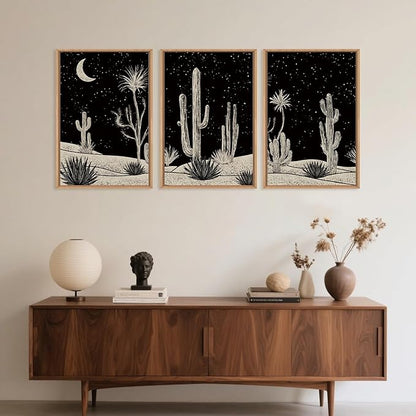 Desert Night Cactus Framed Wall Art Set,Modern Southwestern Black and White Wall Decor,Nature Rustic Moon and Stars Artwork for Living Room,Bedroom-16 x24 x3