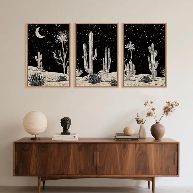Desert Night Cactus Framed Wall Art Set,Modern Southwestern Black and White Wall Decor,Nature Rustic Moon and Stars Artwork for Living Room,Bedroom-24 x36 x3