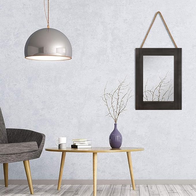 Rectangle Wall Mirror for Bathroom, Distressed White Wood Decor with Hanging Rope for Rustic Home Decor, Vanity, Living Room 12"×16"（Black）