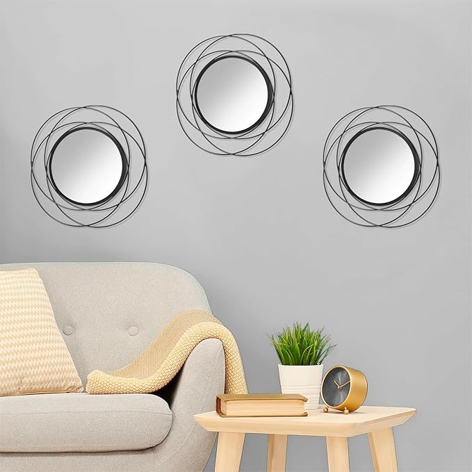 3 Set Black Wall Mirror Black Small Round Decorative Mirrors, Circle Metal Art Mirror Home Decor Bathroom Vanity, Living Room or Bedroom 12”