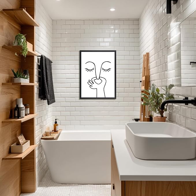 Cyebmo Funny Bathroom Wall Art, Minimalist Black and White Bathroom Picture Wall Decor, Toilet Pinching Nose Art Print for Restroom Guest BathRoom, Wood Framed Ready to Hang 16x24 Inch