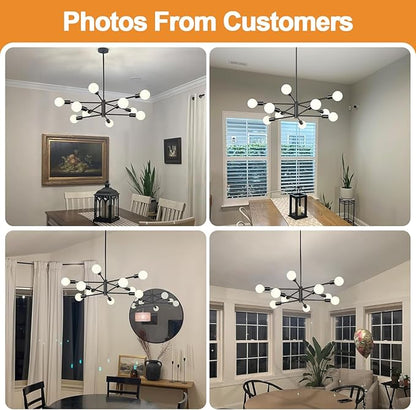 10.9"-52.3" Height Adjustable Sputnik Chandeliers Dining Room Light Fixture (10-Light, 32-Inch), Modern Black Chandelier, Mid Century Modern Chandeliers for Dining Room Kitchen (Bulbs Not Included)