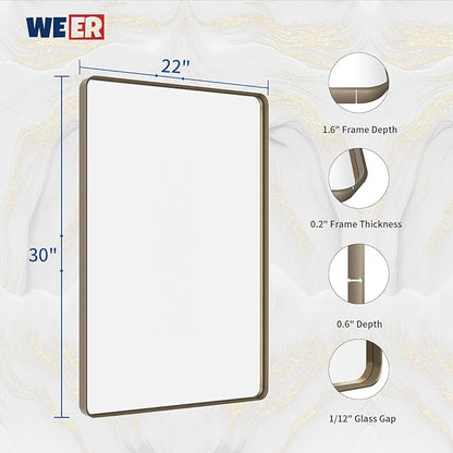 WEER 22x30 Inch Bronze Bathroom Mirror for Vanity, Brushed Bronze Metal Frame Rounded Rectangle Mirror with Tempered Glass, Anti-Rust (Horizontal/Vertical)