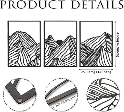 Peryiter 3 Pcs Metal Wall Art Decor Landscape Mountain Wall Hanging Decor for Living Room Abstract Minimalist Modern Mountain Line Pictures Bathroom Office Home Gifts Indoor(Black)