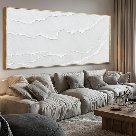 WINKAILIN White Wave Wall Art Textured Canvas Hand-drawn Minimalist Pictures Modern Oversized Painting Extra Large Artwork for Living Room Office Hallway Home Decoration 32x70 Inch