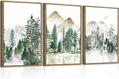 Extra Large Green Forest Mountain Wall Art Watercolor Nature Landscape Framed Wall Decor Boho Pine Tree Painting for Living Room Bedroom Bathroom Office 24x36 Inch Set of 3