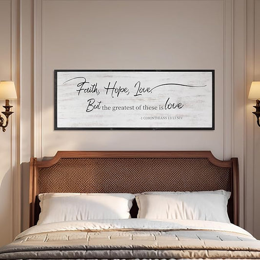 Faith Hope and Love Bible Verses Framed Wall Sign For Family Living Room Kitchen Farmhouse Dining Room Vintage Boho Wall Art Decoration For Living Room Bedroom, 40 x 15 Inch, Black