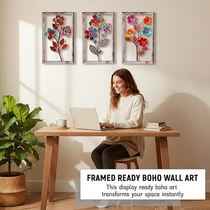 3 Pieces Metal Flowers Wall Art, 3D Boho Flower Wall Decor, Rustic Flower Wall Decor Boho Floral Bathroom Decor Metal Wall Art for Living room,Bedroom,Bathroom and Dining Room, Housewarming Gift