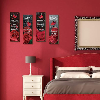 Qunclay 4 Pcs Red Bathroom Decor Red Rose Wooden Wall Decor Dream Faith Believe Love Inspirational Quote Wooden Sign Rustic Floral Butterfly for Women Home Bathroom Bedroom Living Room
