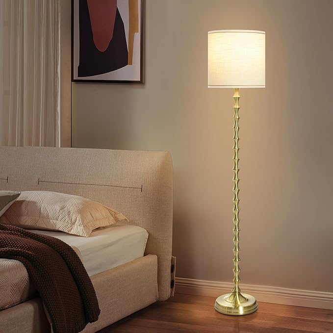 EUO 64.5'' Gold Floor Lamp, Modern Mid-Century Tall Standing Lamp with White Linen Lampshade, Decorative Lighting for Living Room, Bedroom, Office, Dining Room, Corner