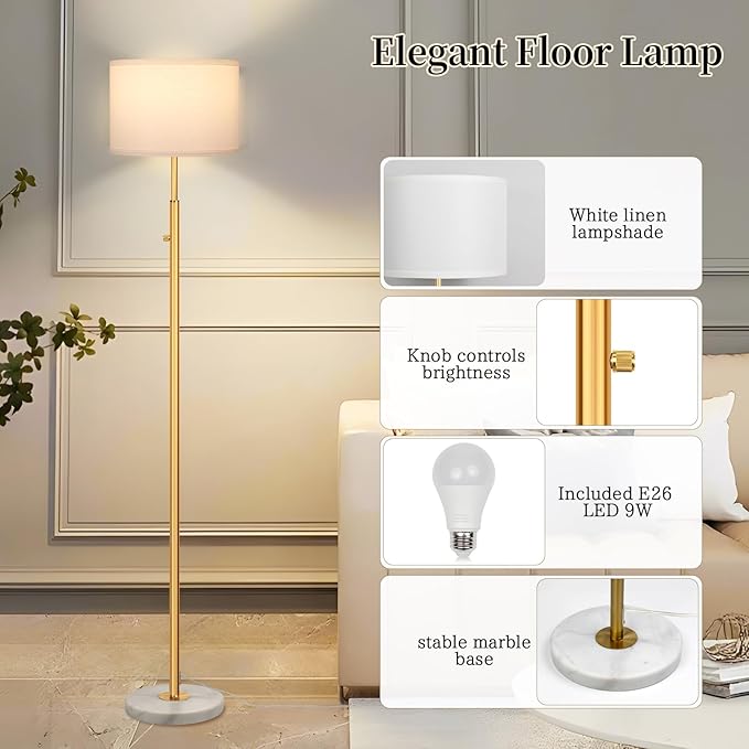Gold Marble Floor Lamp, Dimmable 63.7" Tall Pole Standing Lamp with White Linen Shade, Modern Floor Lamp for Living Room Bedroom Office, Stepless Dimming, LED Bulb Included