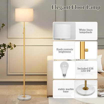Gold Marble Floor Lamp, Dimmable 63.7" Tall Pole Standing Lamp with White Linen Shade, Modern Floor Lamp for Living Room Bedroom Office, Stepless Dimming, LED Bulb Included