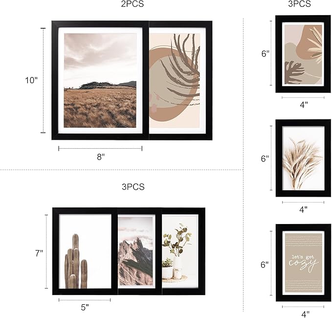ArtbyHannah Gallery Wall Frame Set,Black Picture Frames Collage Wall Decor with Neutural Art for Living Room Stariway,8 Pack Assorted Size 8"x10",5"x7",4"x6", Small