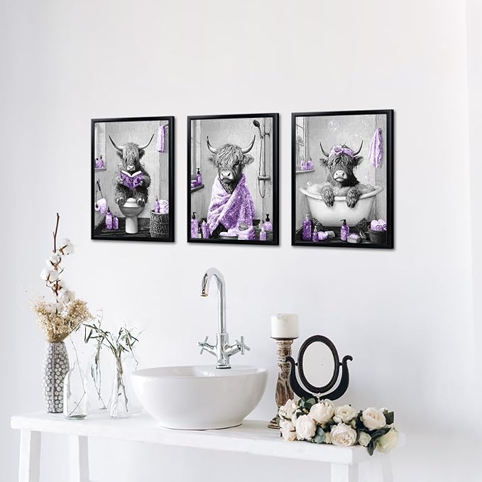 sechars Highland Cow Bathroom Wall Art 3 Piece Funny Bathroom Pictures Canvas Print Grey and Purple Decor (Purple)