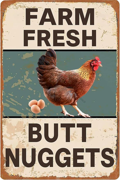 Vintage Metal Signs Chicken Coop Signs for Farm Yard Decor, Farm Tin Signs for Home Kitchen Outdoor Decor, Fresh Butt Nuggets - 8×12 in