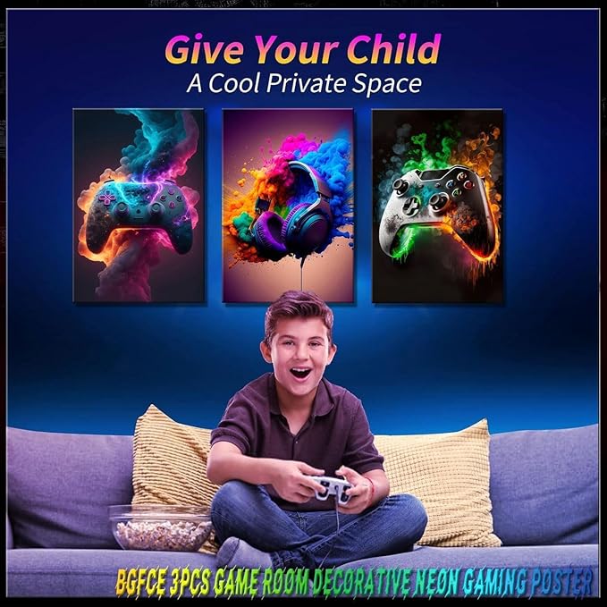 BGFCE Gaming Room Decor Canvas Wall Art Set of 3 - Cool Video Gaming Theme Wall Decor, Gamer Paintings Picture Print for Teen Boys Room 12x16 inch Framed