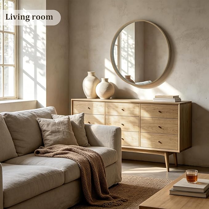 HOMECOOKIN Round Wood Mirror 32 inch Circle Mirror, Rustic Farmhouse Wooden Framed Decorative Wall Decor, Vanity Wall Mirror for Bathroom, Bedroom, Entryway, Living Room (Honey)
