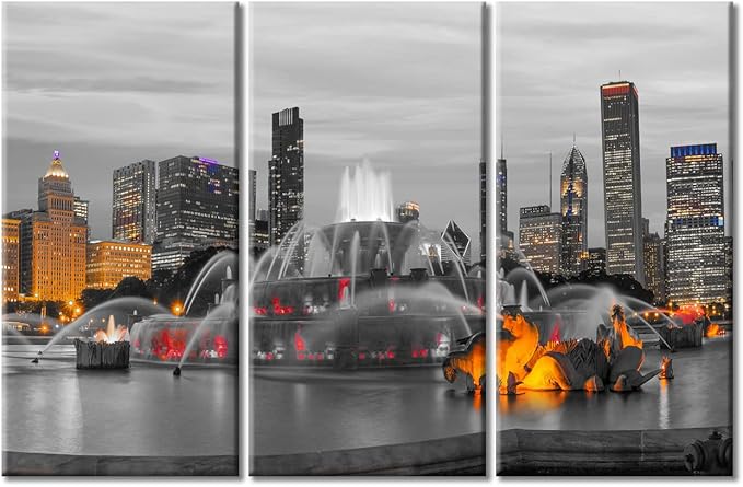 TUMOVO 3 Pieces Home Decor American Cityscape Wall Art Chicago Skyline Panorama with Skyscrapers and Buckingham Fountain at Twilight Bedroom Decor Wall Art Framed Ready to Hang (60" Wx40 H)