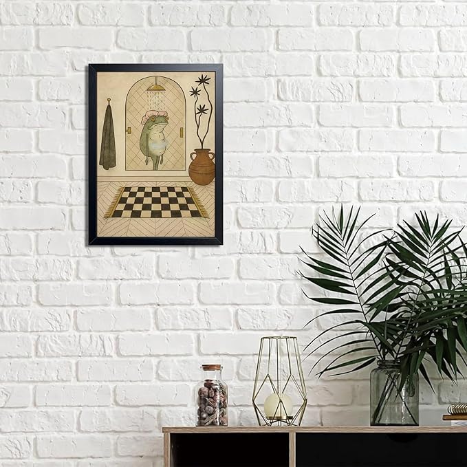 Funny Frog Bathroom Wall Art, Cute Frog Picture Wall Decor, Bathroom Animal Canvas Print Painting for Home Dorm Apartment Toilet Decor 12x16 Inch Framed