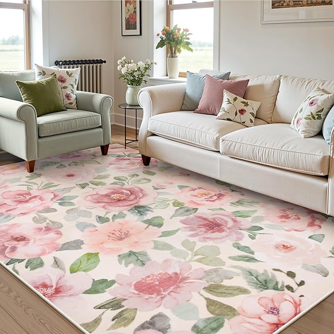 Lahome Floral Nursery Rug 5x7 Area Rugs,Soft Boho Pink Rugs for Bedroom Girls,Low Pile Large Living Room Rug, Home Decor Carpet for Dining Room Kids Playroom Farmhouse, Beige/Multi