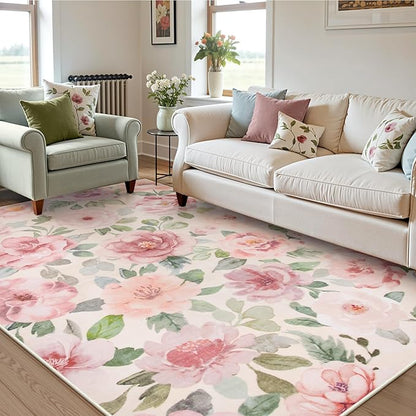 Lahome Floral Nursery Rug 5x7 Area Rugs,Soft Boho Pink Rugs for Bedroom Girls,Low Pile Large Living Room Rug, Home Decor Carpet for Dining Room Kids Playroom Farmhouse, Beige/Multi