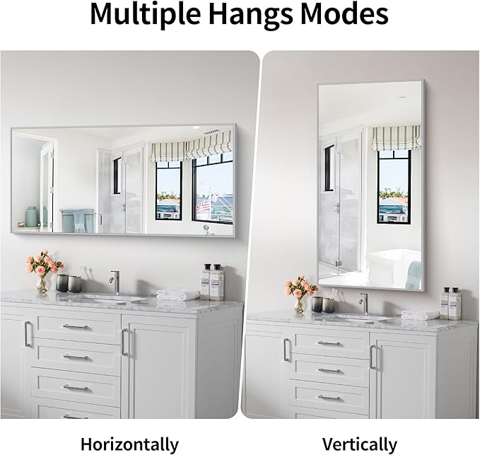 COFENY 48x24In Silver Bathroom Mirror for Wall, Brushed Nickel Rectangle Mirrors with Metal Frame, Bathroom Rectangular Mirror Modern Wall Mirror for Bedroom Living Room, Hangs Horizontal or Vertical