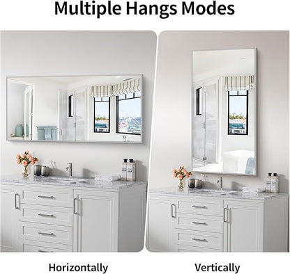 COFENY 48x24In Silver Bathroom Mirror for Wall, Brushed Nickel Rectangle Mirrors with Metal Frame, Bathroom Rectangular Mirror Modern Wall Mirror for Bedroom Living Room, Hangs Horizontal or Vertical