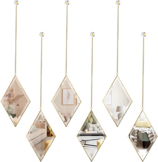 yshengood Diamond Wall Mirror Set of 6 Pcs, Gold Wall Decor Mirrors Small Glass Decor Wall Mirrors for Living Room and Bedroom Decoration