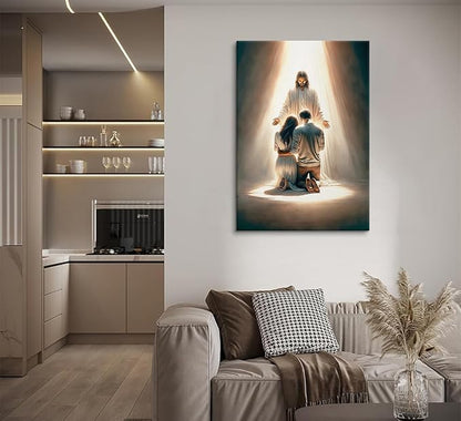 Jesus Blesses Couple Canvas Wall Art Couple Kneeling and Praying to Jesus Painting picture Wall Decor religion Christian Poster Print Artwork for Church LDS bedroom Living Home Decor 24x36 in Canvas