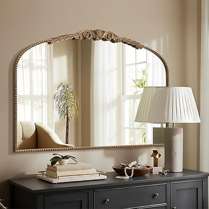 Besdomus Gold Large Fireplace Mirror: 48"x 33" Baroque Vintage Arched Mirror - Traditional Ornate Antique for Bathroom/Vanity/Mantel/Bedroom/Entryway/Hallway - Home Decor for Living Room