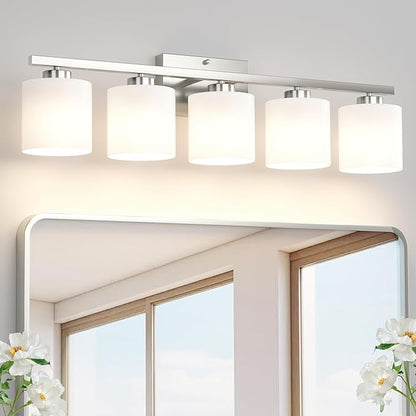 Honesorn Modern Vanity Lights - 5-Light Bathroom Fixture with Frosted Shade & Anti-Rust Nickel Finish