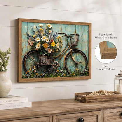 Framed Rustic Farmhouse Daisy Wall art Vintage Bicycle Flowers Painting Picture Wall Decor Flower Still Life Poster Print Artwork for Bathroom Living Room Bedroom Home Decoration