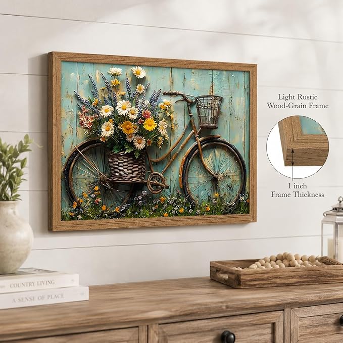 Framed Rustic Farmhouse Daisy Wall art Vintage Bicycle Flowers Painting Picture Wall Decor Flower Still Life Poster Print Artwork for Bathroom Living Room Bedroom Home Decoration