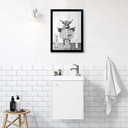 Black Framed Bathroom Decor - Funny Highland Cow Wall Art in Bathtub, Black and White Canvas Cow In Bathroom Picture, Humor Animals Bathroom Artwork Prints, Wall Decor Ready To Hang for Living Room,