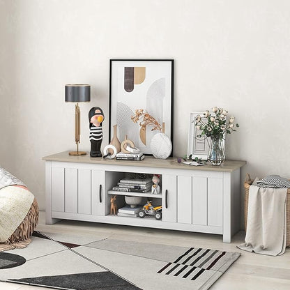 Tangkula 2 Doors TV Stand for TVs up to 65”, 57” Media Console Table w/ 2 Cabinets & Open Shelves, 2 Cable Management Holes. Wood Entertainment Center Cabinet for Living Room (White Oak)