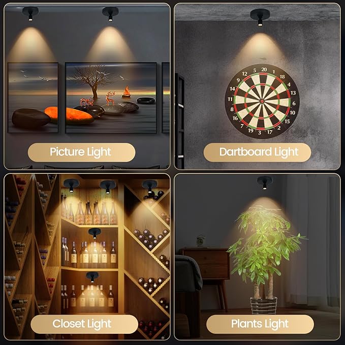 HAMVIDNE LED Spotlights, Rechargeable Battery Picture Lights, Uplighting Indoor, Spot Light with Remote, Plant & Wall Art Display Dartboard Closet Spotlight-Black