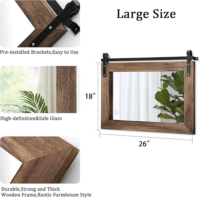 AAZZKANG Wood Mirror Rectangle Large Rustic Wall Mirror 18"x26" with Framed Bedroom Living Room Bathroom Hanging Mirror Horizontal