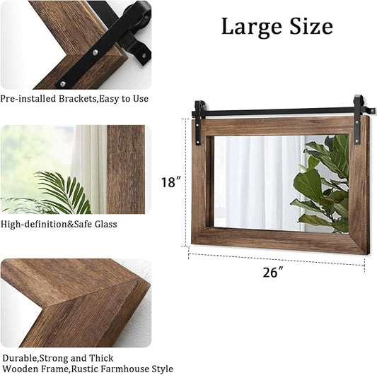 AAZZKANG Wood Mirror Rectangle Large Rustic Wall Mirror 18"x26" with Framed Bedroom Living Room Bathroom Hanging Mirror Horizontal