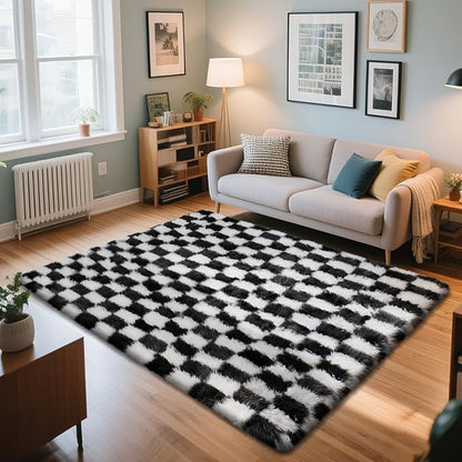 Checkered Rug for Bedroom, 4x6 Black and White Area Rugs, Classic Checkered Carpets Shag Area Rug, Bedside Rugs for Living Room Bedroom Kids Room Home Decor