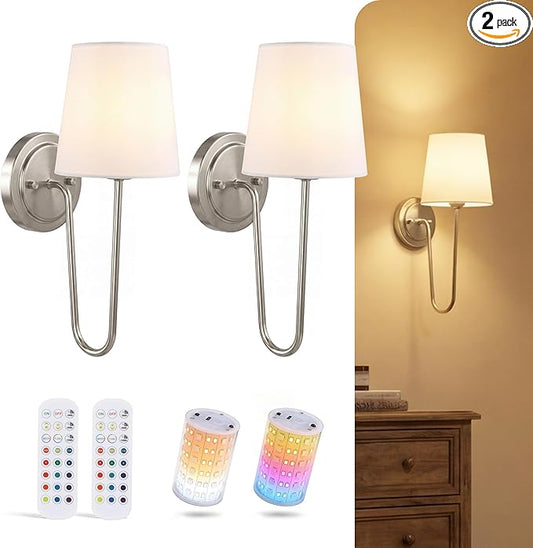 CLOUDY BAY 10000mAh Battery Operated Wall Sconces,Up to 100 Hours with Rechargeable RGB Dimmable Magnetic Bulb,Cordless Wall Lighting Fixtures with Remote for Bedroom,Brushed Nickel,2 Pack-15.4in
