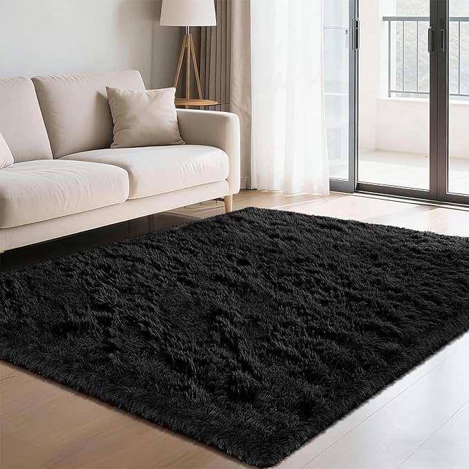 Fluffy Rug Shag Area Rug, Black 4x6 Area Rugs for Bedroom, Small Bedside Rug, Soft Fluffy Shag Entryway Throw Rugs for Living Room Bedroom Kids Room Home Decor
