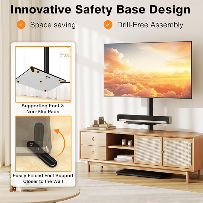TVON Floor TV Stand with Mount for Most 32-65 Inch Flat/Curved TVs up to 88 lbs, Height Adjustable TV Mount Stand with Wood Base, Swivel TV Stand for Bedroom, Corner & Living Room, Max VESA 400x400mm