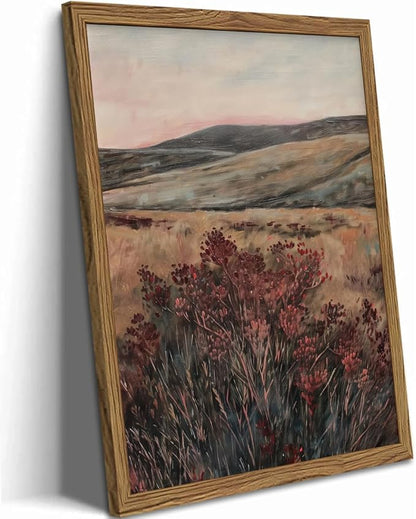 Moody Landscape Wall Art Vintage Wildflower Wall Decor Painting Cottagecore Nature Botanical Flower Picture Artwork 3D Textured Hand Drawn Sandstone for Living Room Bedroom 16x24 inch Wood Framed