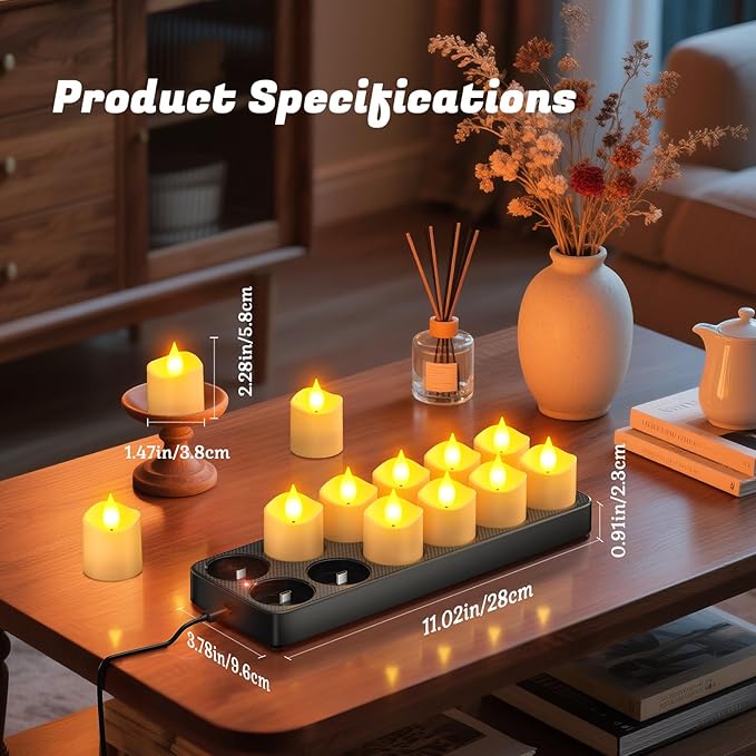PChero Rechargeable Flameless Candles with Remote Timer & Charging Base, 12 Pack Votive Candles Battery Operated Tea Lights Flickering, LED Tealights for Home Wedding Halloween Fall Christmas Decor