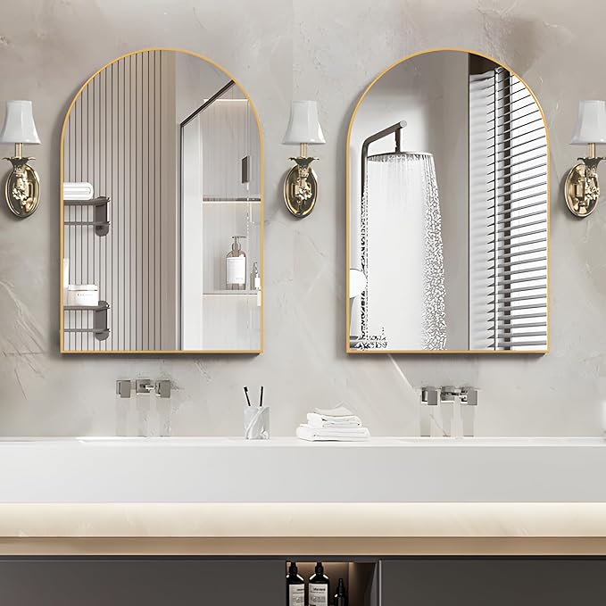 Wall Mounted Mirror, Arched Wall Mirror for Bathroom, 2 Pieces 24"x36" Arch Bathroom Mirror with Metal Frame, Gold Vanity Mirror Decor for Mantle, Bedroom, Entryway, Living Room
