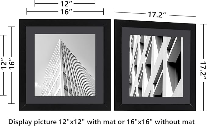 ELSKER&HOME 16x16 Picture Frame Black Set of 3, Square Picture Frame Display Photo 12x12 with Mat or 16 x 16 Without Mat, Horizontal and Vertical Wall Mounting